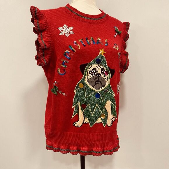 UGLY CHRISTMAS Sweater Vest M Pug Dog Embellished Sequin Metallic Knit Holiday - Picture 2 of 16